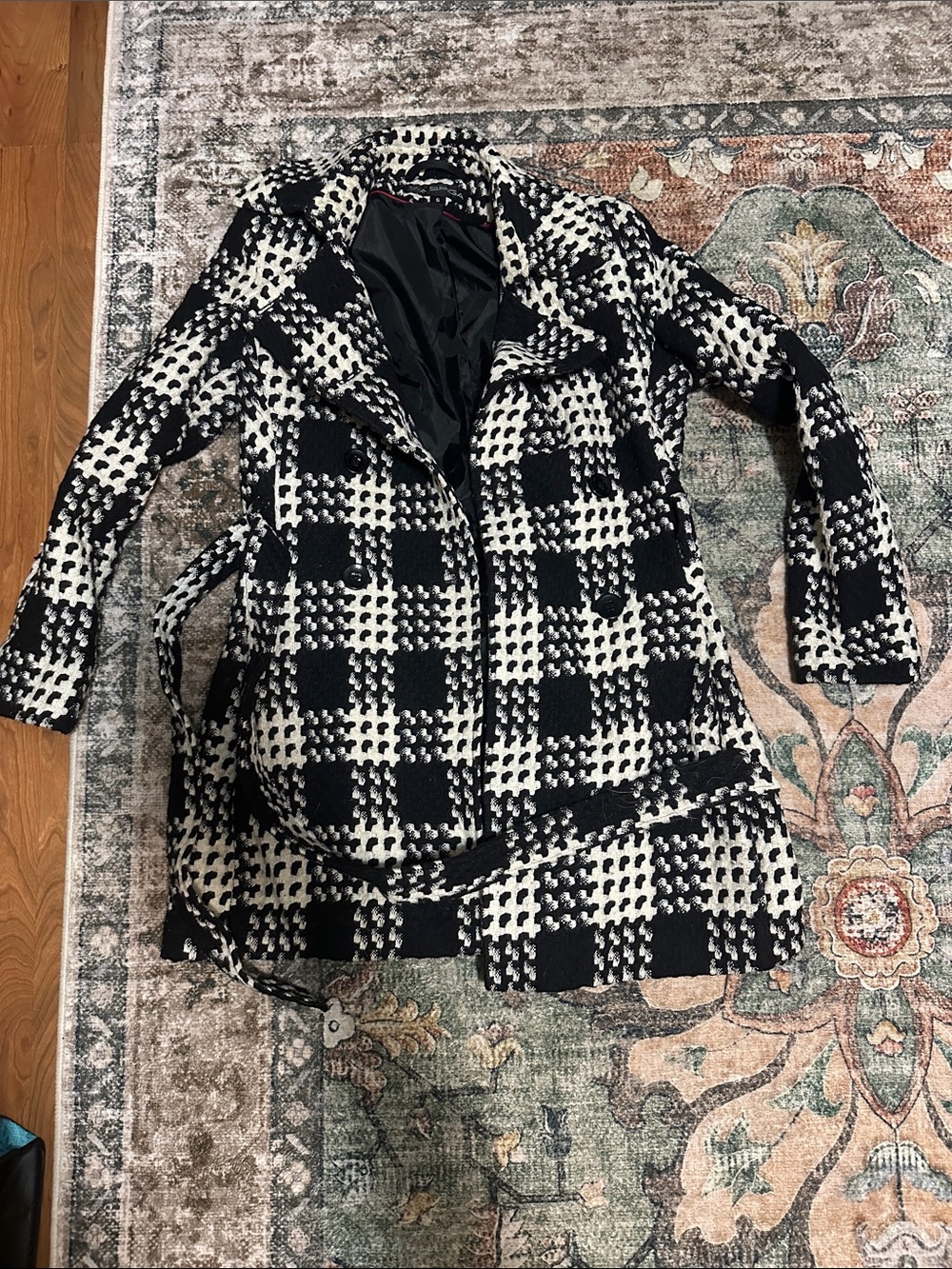 Via Spiga Black and White Houndstooth Pea Coat